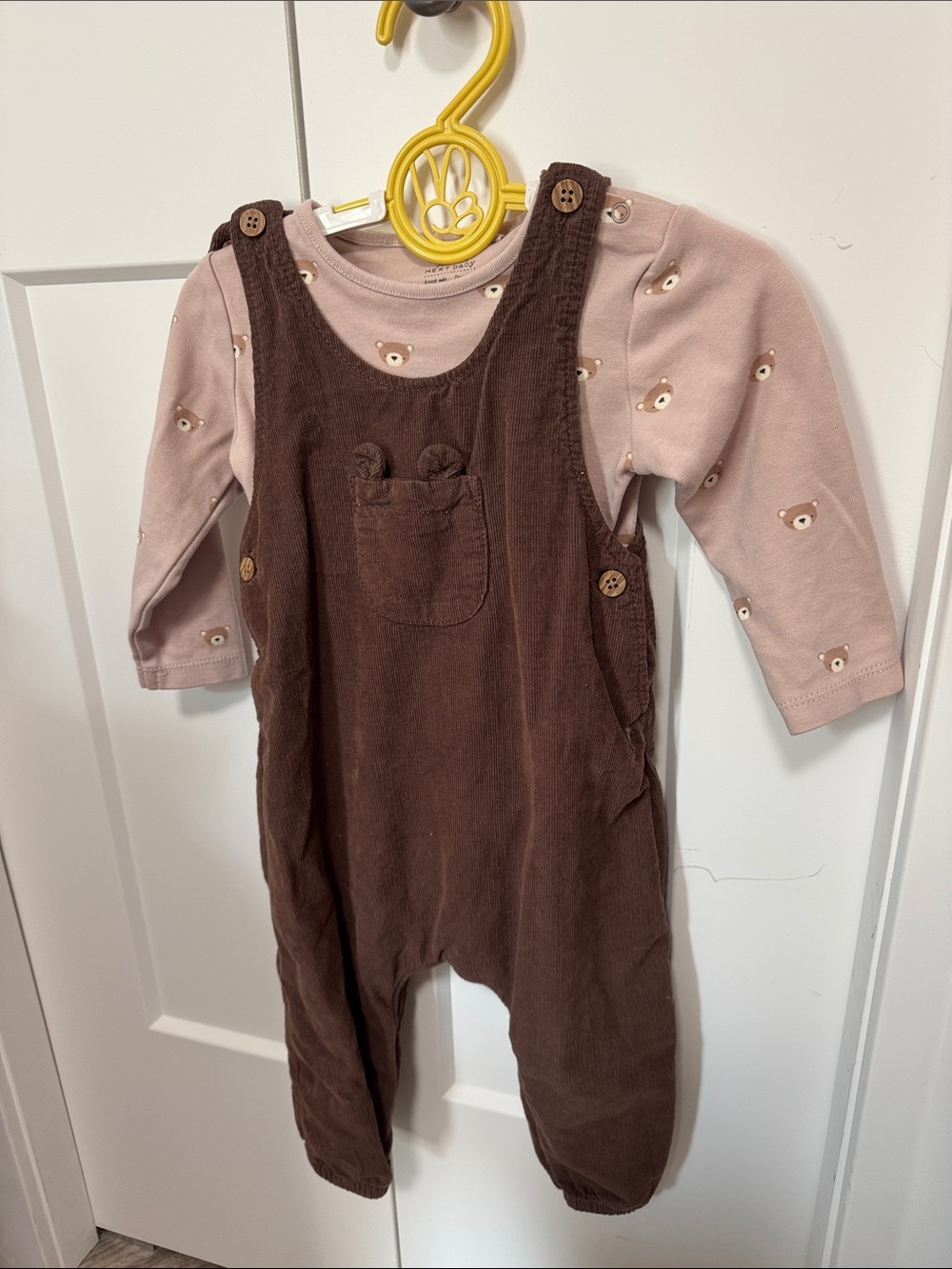 Next Direct Brown Corduroy Overalls with Pink Bear-Print Top